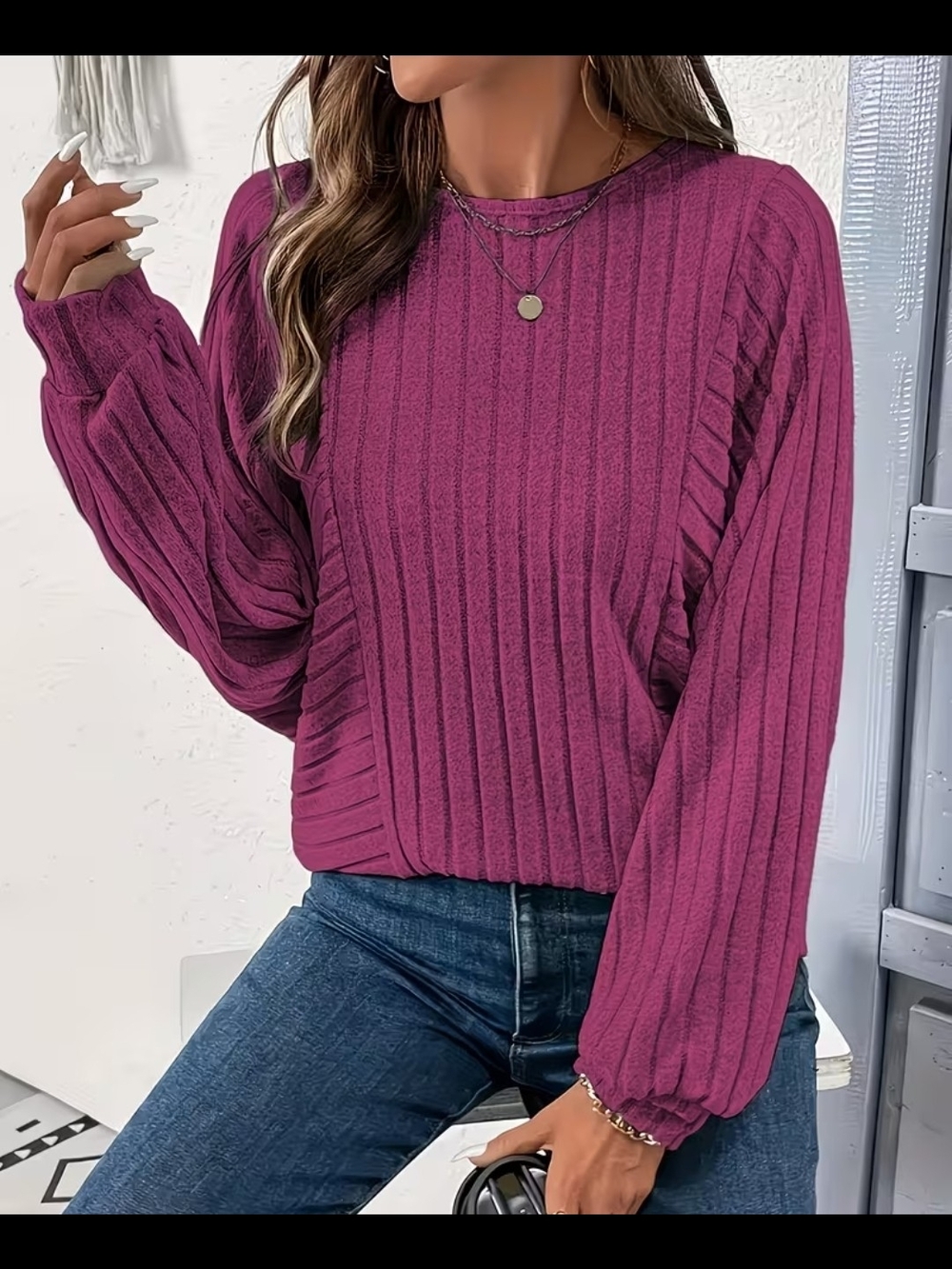 SHEIN Ribbed Knit Balloon Sleeve Sweater in Wine